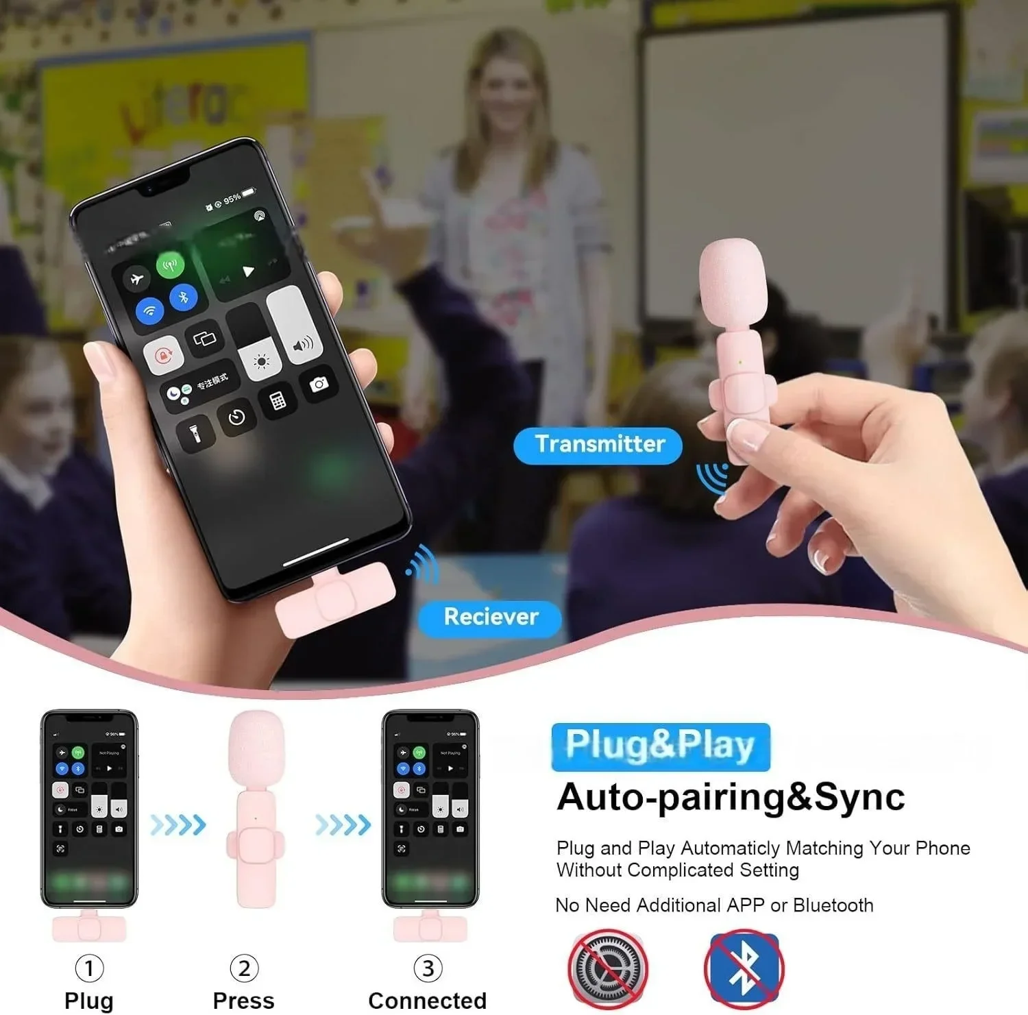 ميكروفون Xiaomi الوردي اللاسلكي Lavalier لهاتف iPhone Android PC Live Gaming Phone المحمول لتسجيل الصوت والفيديو وميكروفون مدونة الفيديو #5