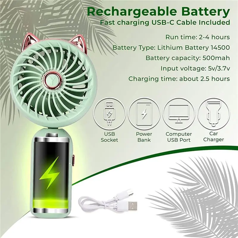 

HGHO Portable Hand Held Fan with Cat Ears - Mini Fan with USB Rechargeable Battery Foldable Small Fan (Green)