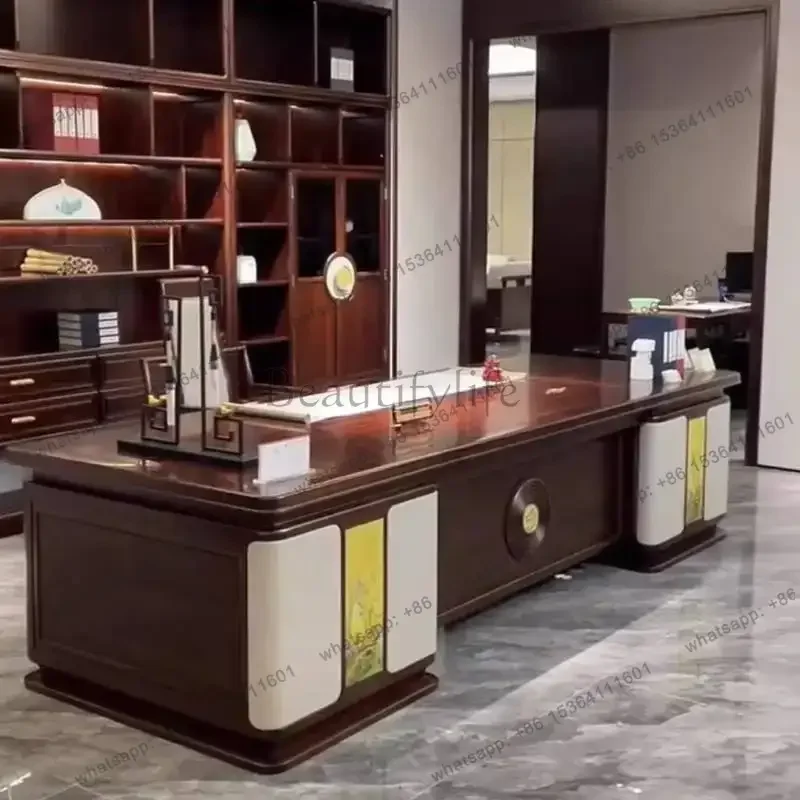 LJY Brown Drawers Executive Office Desk Cheap Strong Modern Study Computer Desk Gaming Large Mesa Escriotorio Work Station Table