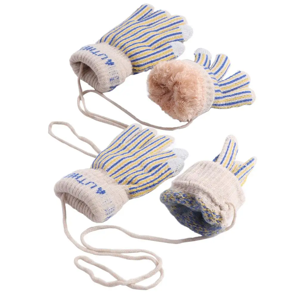 Retro Thickened Striped Gloves Letter Plush Knitted Gloves Hanging Neck Wool Winter Velvet Mittens Male