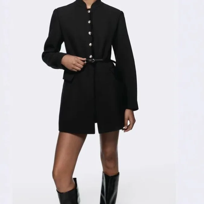 Faionable Wollmantel Damen Mittellang Stehkragen Gürtel Oberbekleidung Vintage Sle Reine Farbe Herbstsaison Damen Jaet