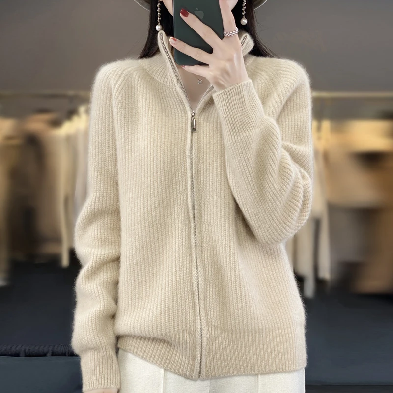 Women\'s 100% Merino Wool Knitting Sweater Turtleneck Zipper Cardigan Autumn/Winter Casual Loose Top Thickening Cashmere Jacket