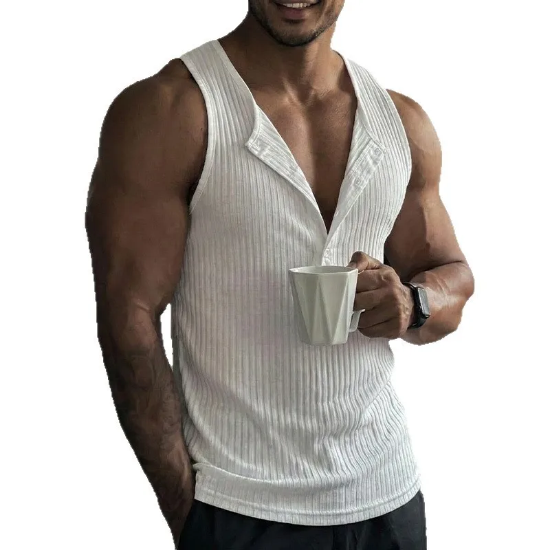 Sporty Tank Top Solid Color Crew Neck Button Front Ribbed Knit V Neck Slim Fit Cropped Deep V Placket Collar Sleeveless Muscle view 3