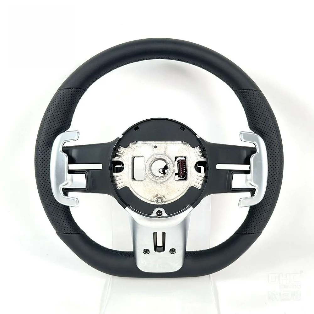 

All-leather car steering wheel with multi-function control options for comfort and safety