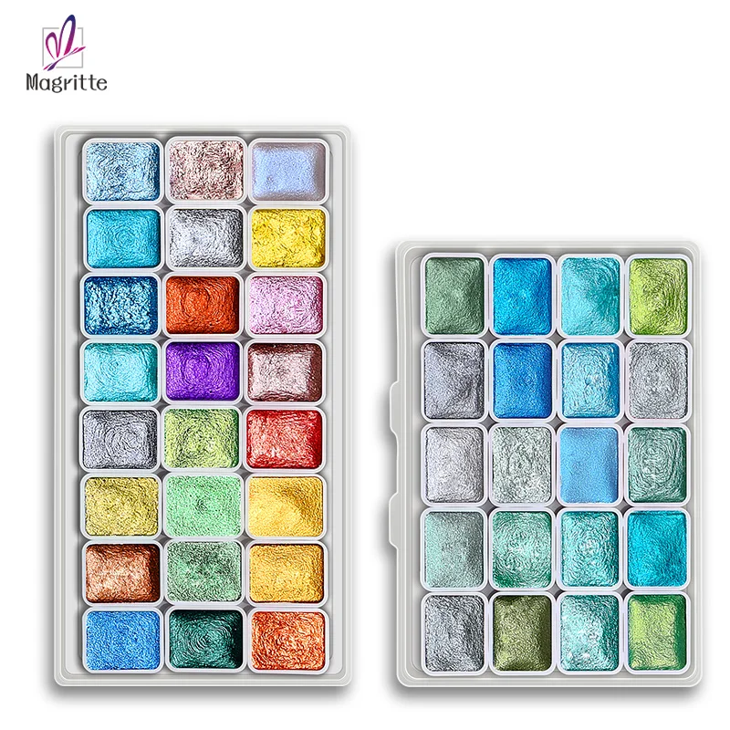 Metallisch Perlmuttartiges 24+20 Farben Festes Aquarellfarben-Set, Schimmernde Glitzer-Sternenlichtfarben zum Malen, Schreiben