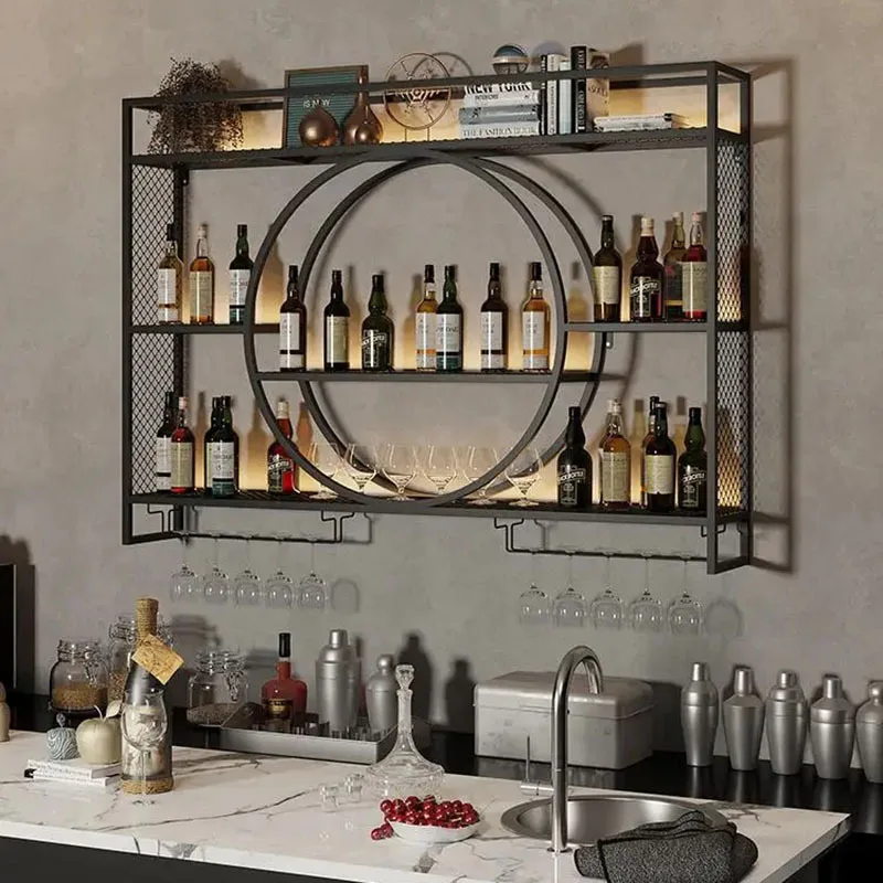 Armadietto da bar in metallo di lusso Porta spezie per vino Portabottiglie mobile sospeso aperto Barra di visualizzazione galleggiante per alcol Accessori da bar Para Hogar