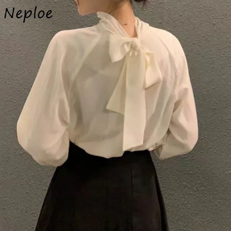 Neploe Stand Neck Solid Color Long Sleeve Blouses Back Bandage Loose Casual Shirts Autumn Vintage Blusas Mujer De Moda 2024