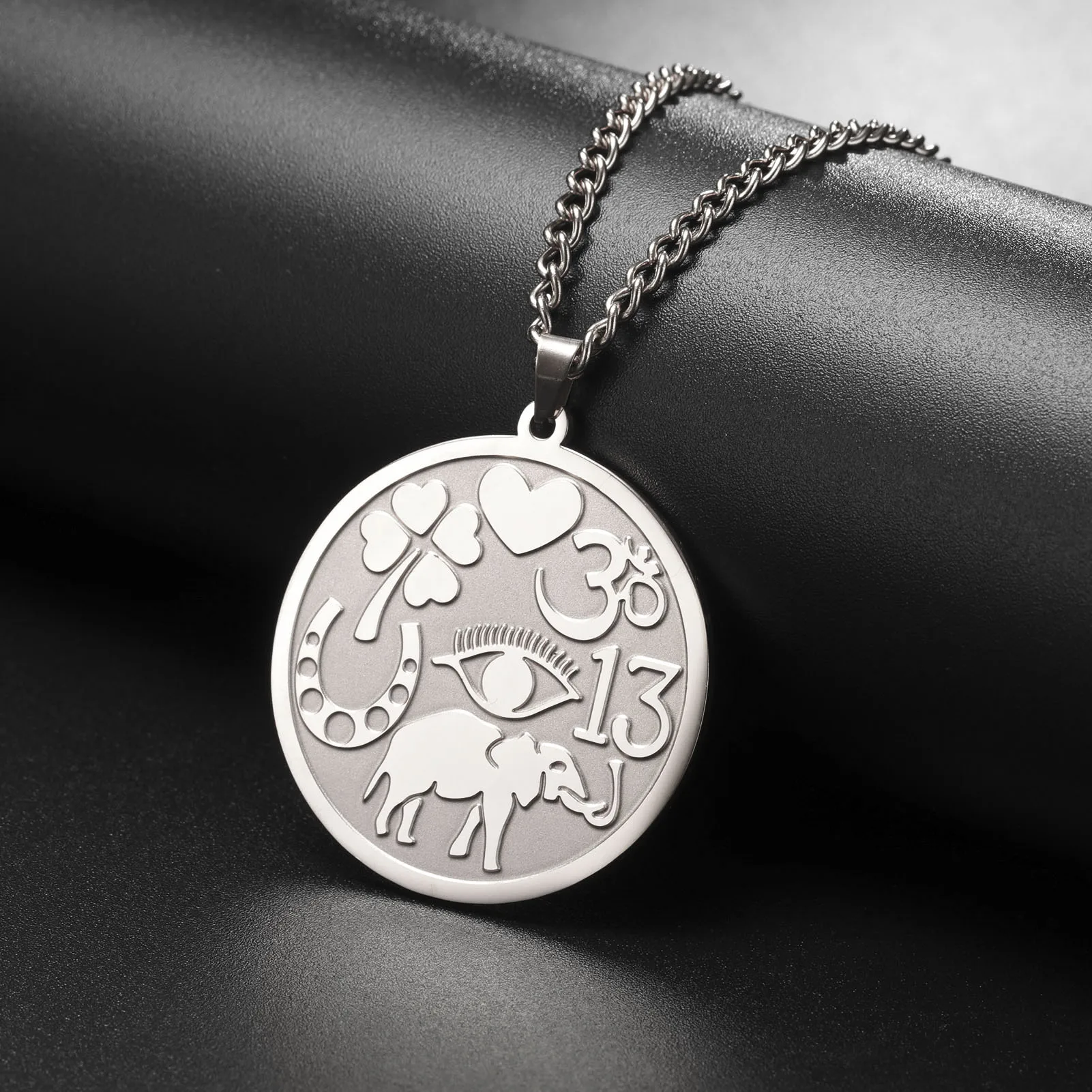 VASSAGO Stainless Steel Good Luck Elephant Medallion Necklace Powerful Protection Amulet Ohm Symbol Horseshoe Evil Eye Necklace