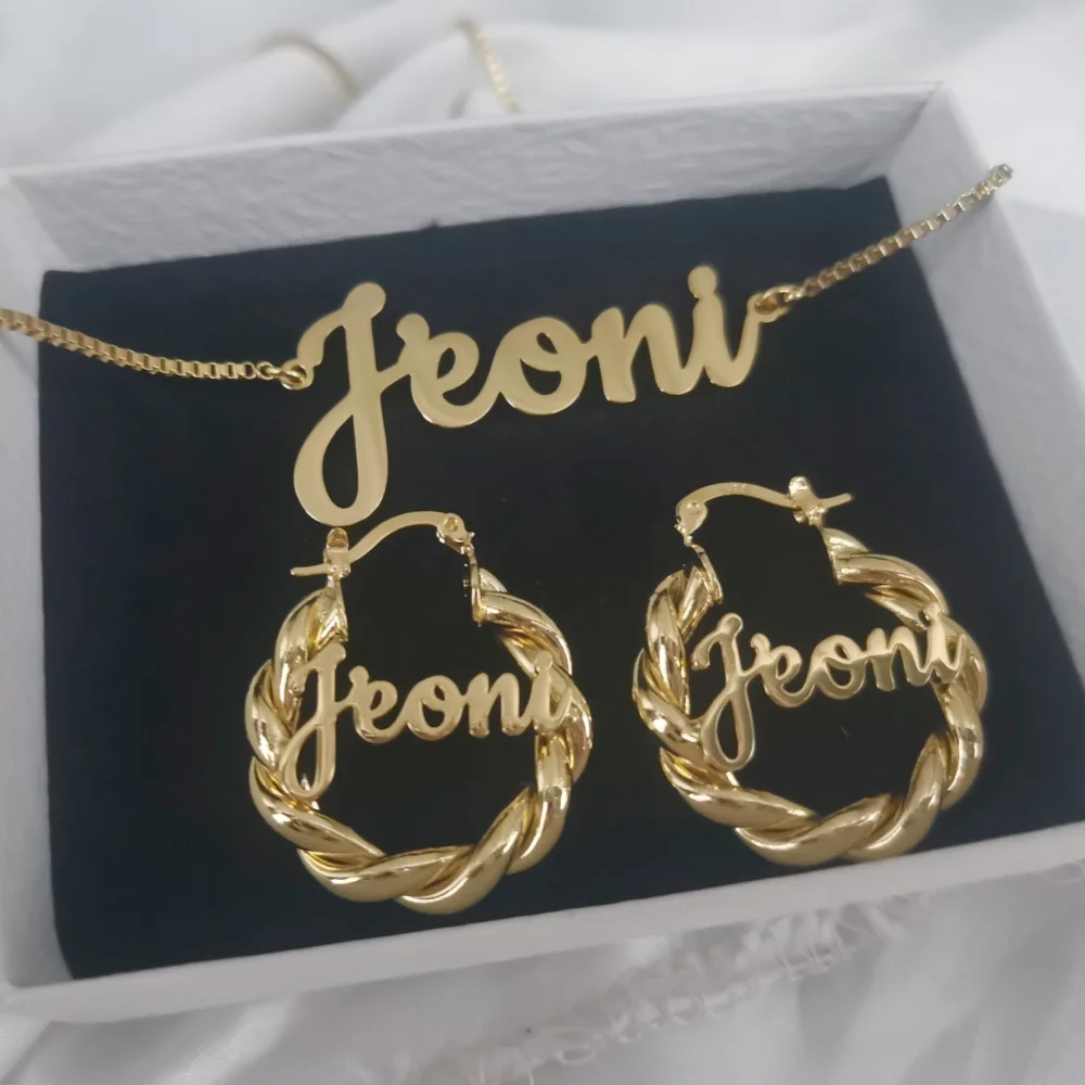 

LeeChee Girl's 30mm Twist Hoop Earloop Custom Name Letter Pendant Necklace Stainless Steel Jewelry 2Pcs Set Gift For Her