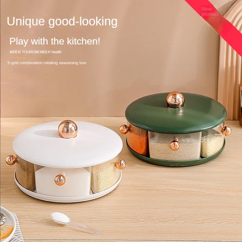 Seasoning Jar Rotating Seasoning Box Five-grid Storage Box Moisture-proof Set Kichen Supplise Seasoning Organizer Accessories