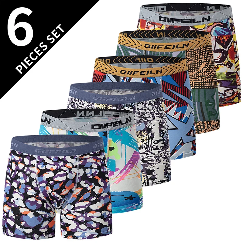 6 Pcs Parent-child Fashion Printed Underwear Men's Multi-size Long Boyshort Teenagers Comfortable And Versatile Elastic Waist S