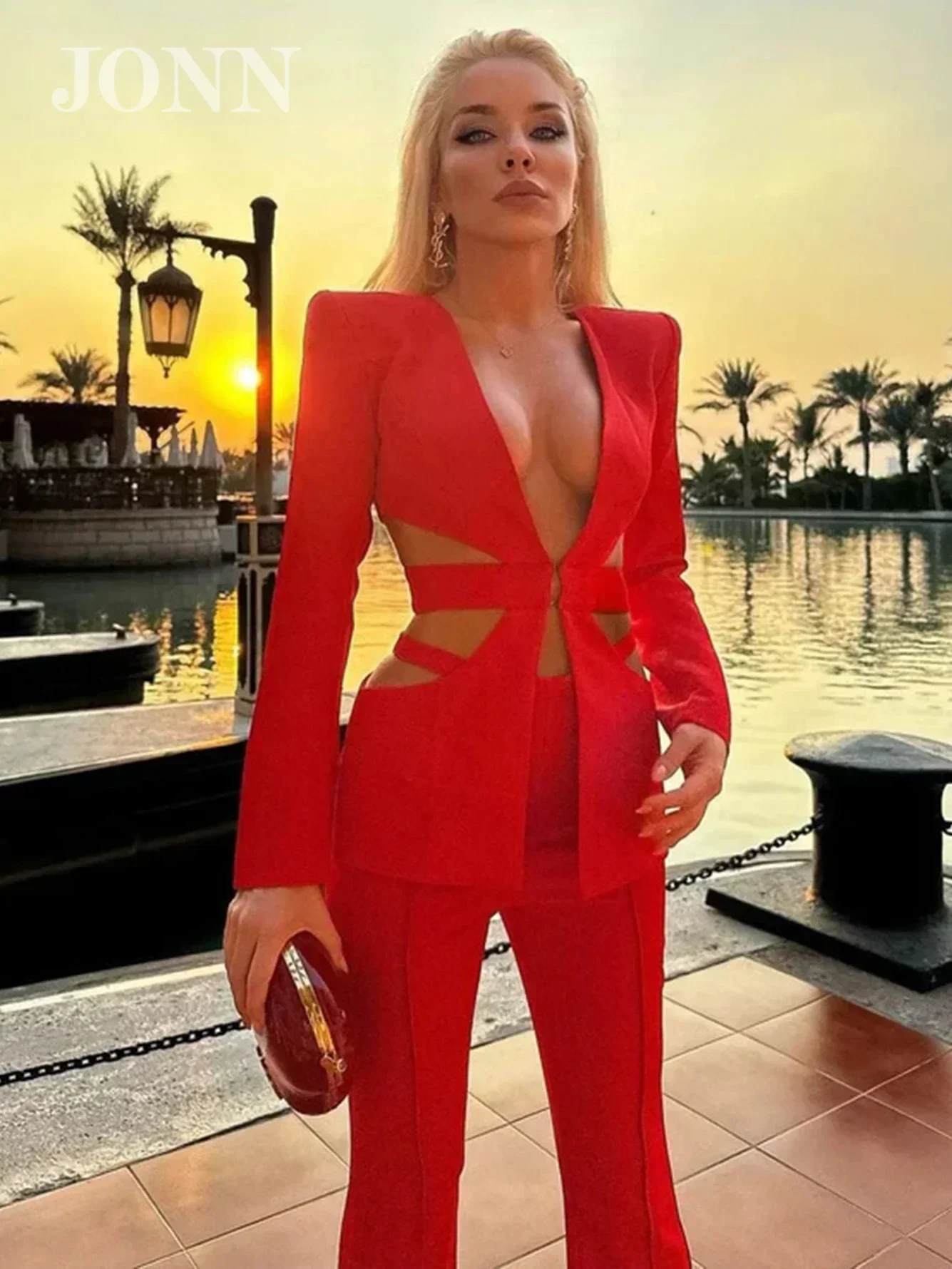 JONN 2024 Women's High Quality Red Sexy Long Sleeve Jacket High Waist Flare Pants Set Hollow Fashion High Street 2 Piece Set