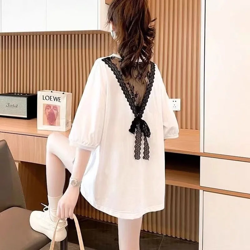 

Korean Style Loose Fit Lace Splice Short Sleeve T-Shirt Women's Summer New Knot Design Backless Top Breathable Cotton