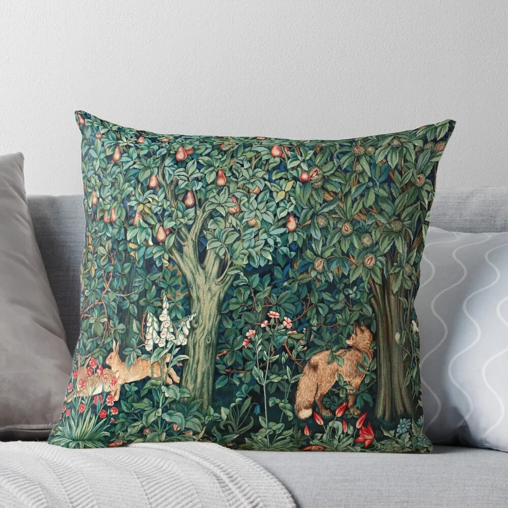 

GREENERY, FOREST ANIMALS Fox and Hares Blue Green Floral Tapestry Throw Pillow Cushions Cover New year pillow pillowcase