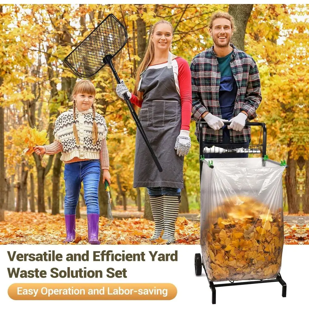 Porta sacchi per rifiuti mobile con cestino portaoggetti e maniglia ergonomica, comodo carrello per sacchi con raccogli foglie e rastrello combinato, adatto