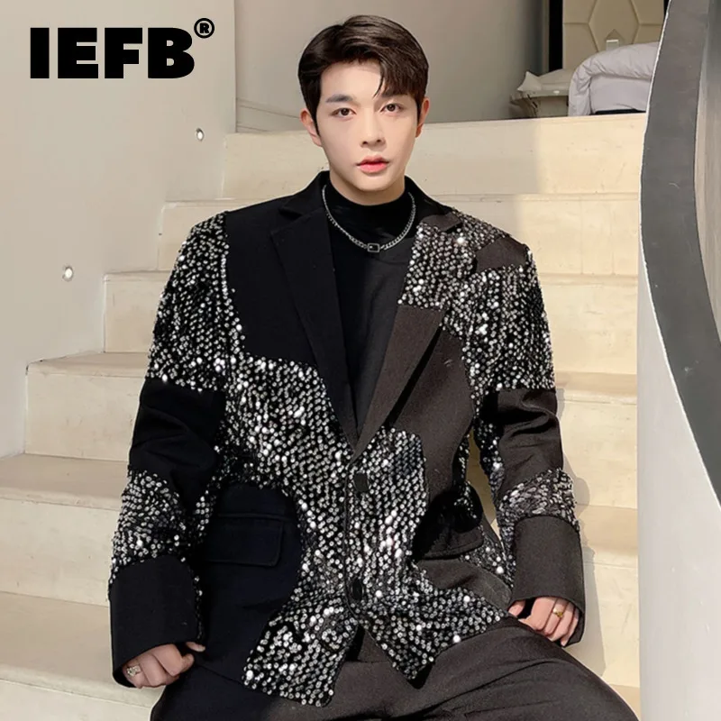 Iefb luxo lantejoulas decoração terno casaco nova turndown necklong manga personalidade masculina design coreano solto moda 9a1927