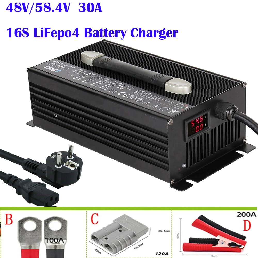 58.4V 30A LiFePO4 Battery Charger Smart Charge Function 48V 30A AC-DC Lithium Iron Deep Cycle Battery Charger for 51.2V Battery