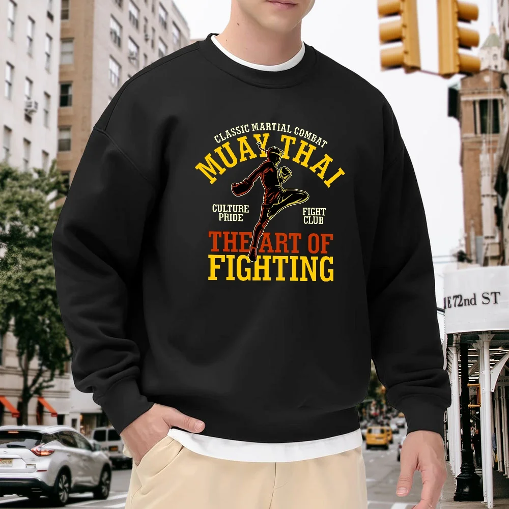 

Men's Black Crew Neck Pullover Sweatshirt with Muay Thai Print, Loose Fit Top, Street Fashion Casual Sportswear, Versatile and Comfortable for Everyday Wear