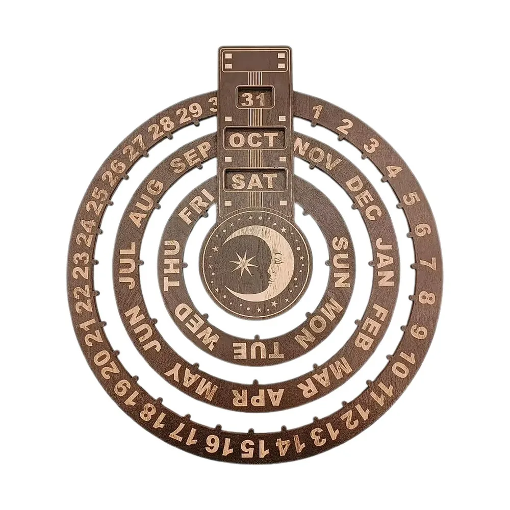12.01X10.83in Wooden Perpetual Calendar Circular Disc Moon Phase Display Rotating Calendar Adjustable Day/Month/Week Round Dial