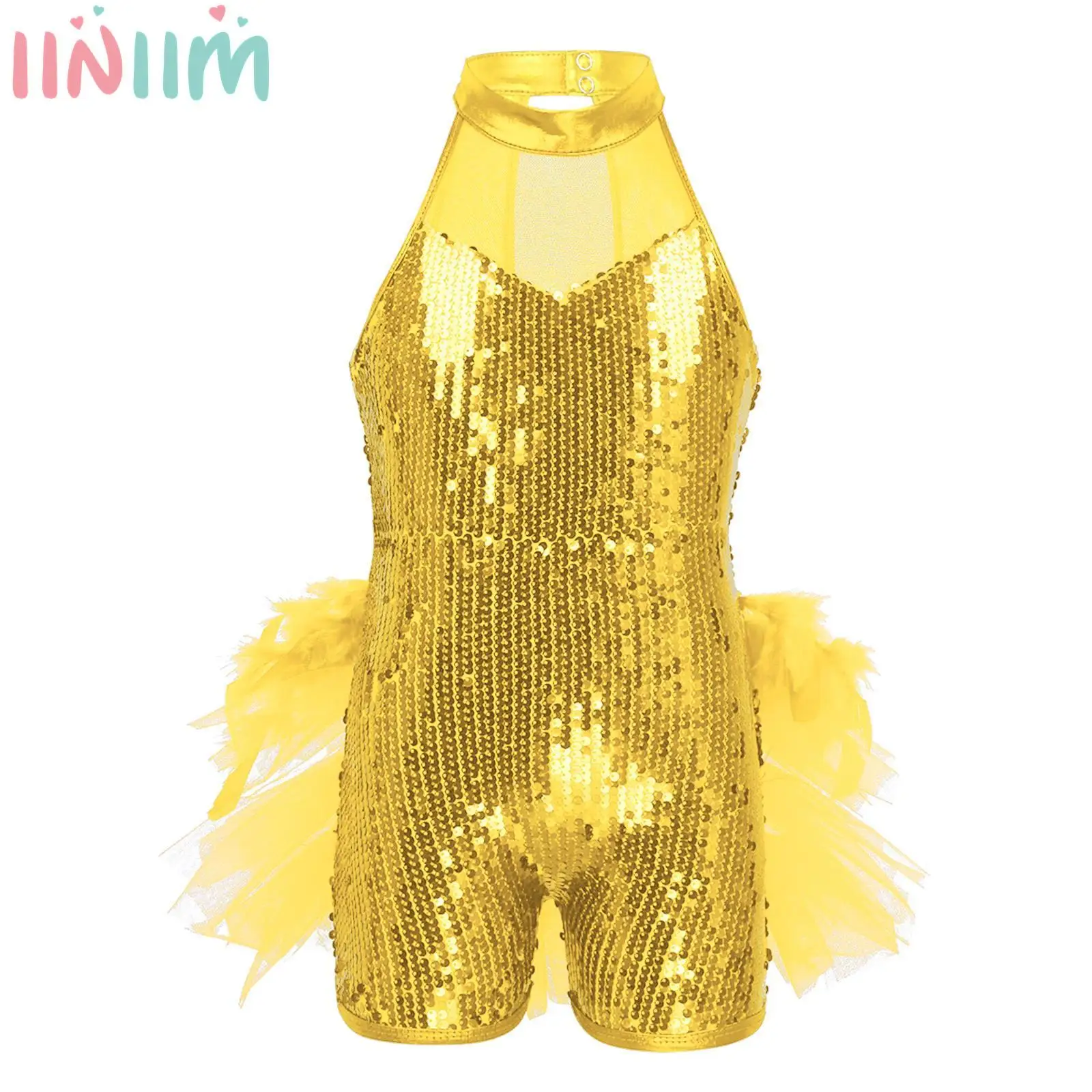 

Jazz Latin Ballet Dance Leotard for Kids Girls Glitter Sequins Sleeveless Gymnastics Shorty Bodysuit Back Feather Tutu Dancewear