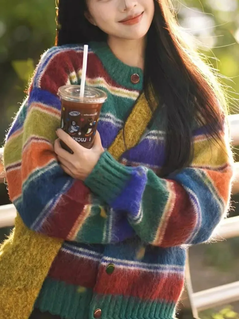 

Korean Fashion Soft Knitted Rainbow Striped Cardigan Women 2025 New Autumn Loose Round Neck Comfortable Outerwear