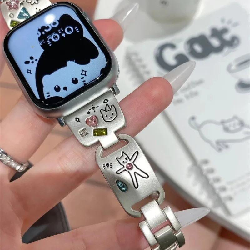 Line-patterned Cat Metal Band, Suitable for S10-1 Ultra SE Series, Cute and Creative Wristband (Does Not Include Watch)