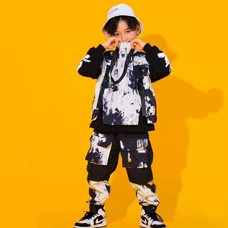 Boy Hip Hop Ink Wash Printed Vest Cargo Pants Kids Joggers Street Dance Girls Clothes Sets Child Jazz Costumes Streetwear Outfit