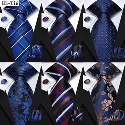 Hi-Tie New Striped Navy Blue Silk Elegant Tie For Men Groom Wedding Men Necktie Pocket Square Cufflink Accessory Wholesale