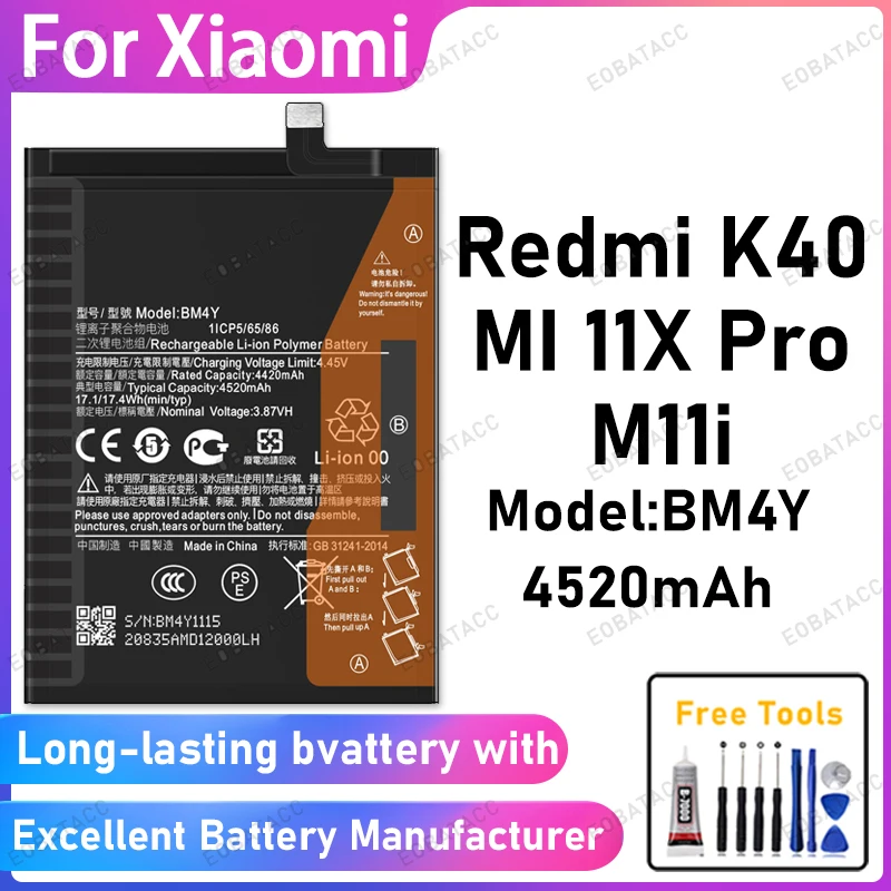 

100% New 4520mAh BM4Y Battery For Xiaomi Redmi K40/MI 11X Pro/Mi 11i Battery Replacement Bateria+Free Tools