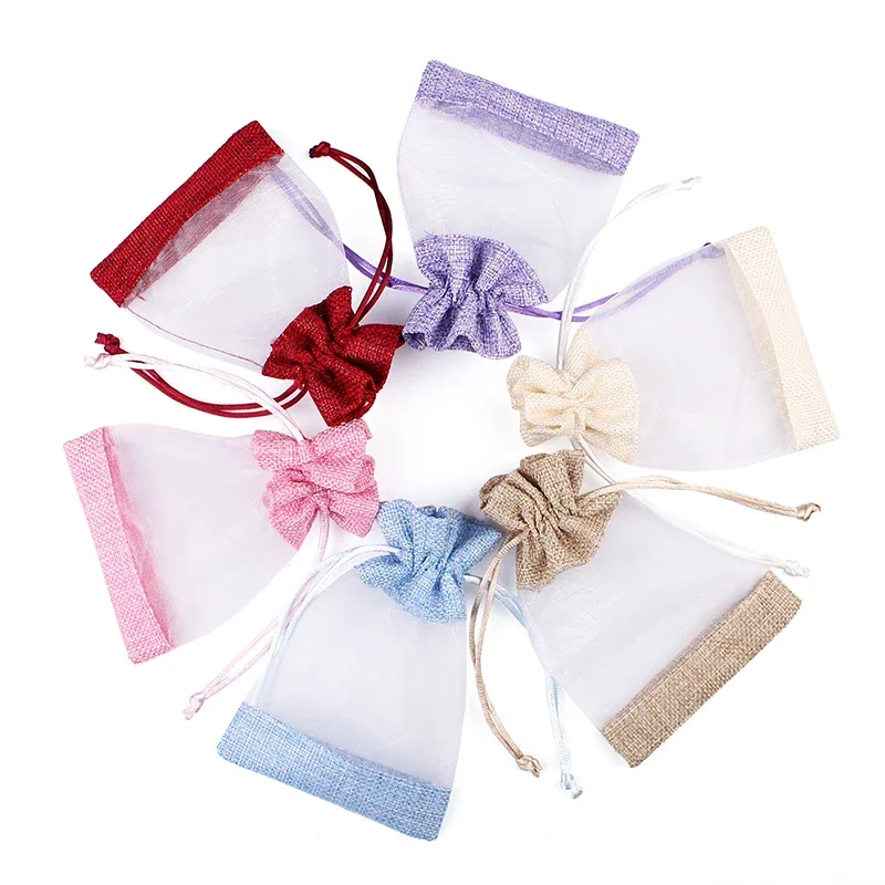 

50Pcs New Linen Bag Organza Sachet Stitching Drawstring Jewelry Packaging Pouch Wedding Party Gift Pouches Can Printing LOGO