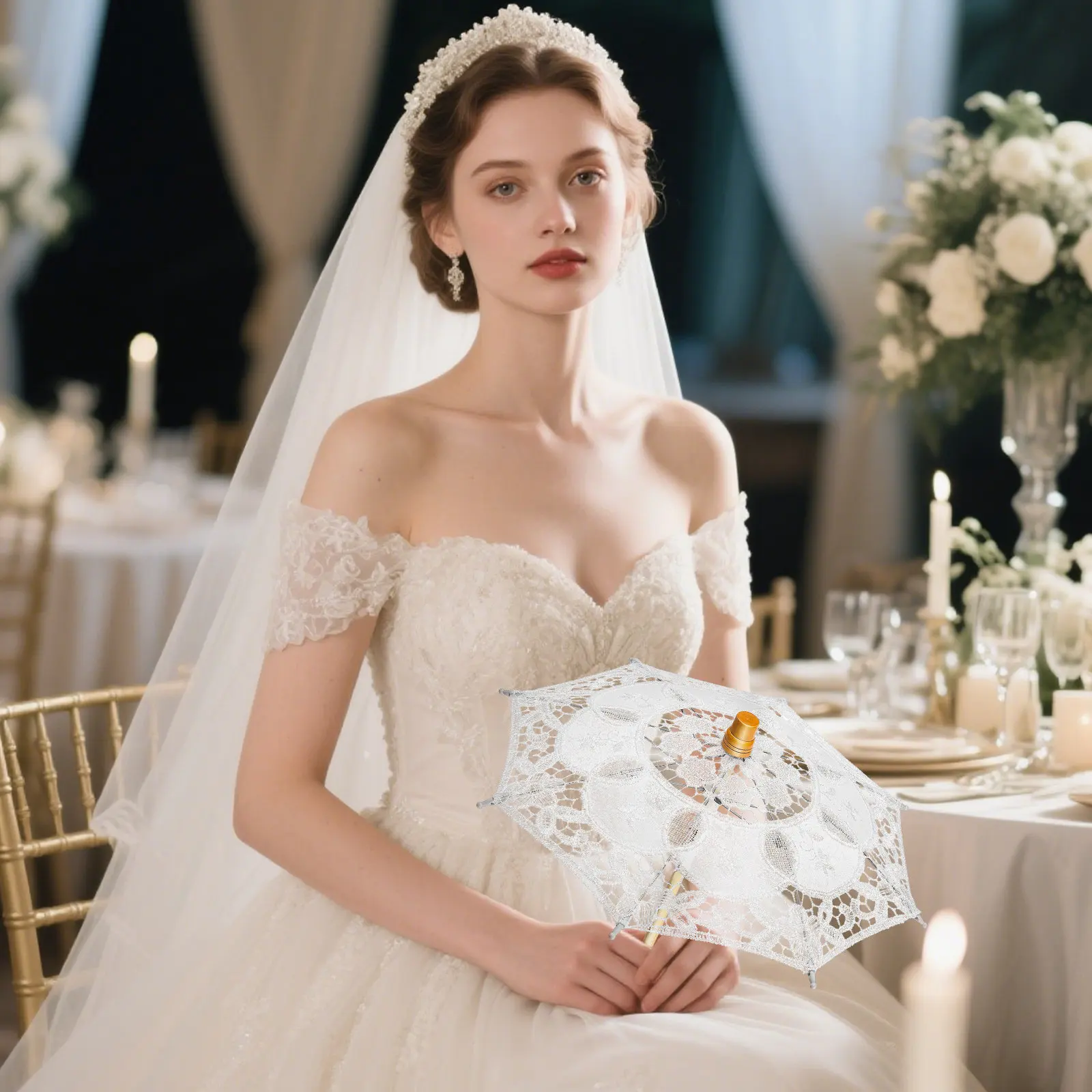 

2Pcs Cotton Cloth Lace Parasol Elegant Wedding Photography Prop Bride Umbrella Bridal Veil Parasols White Lace Umbrella