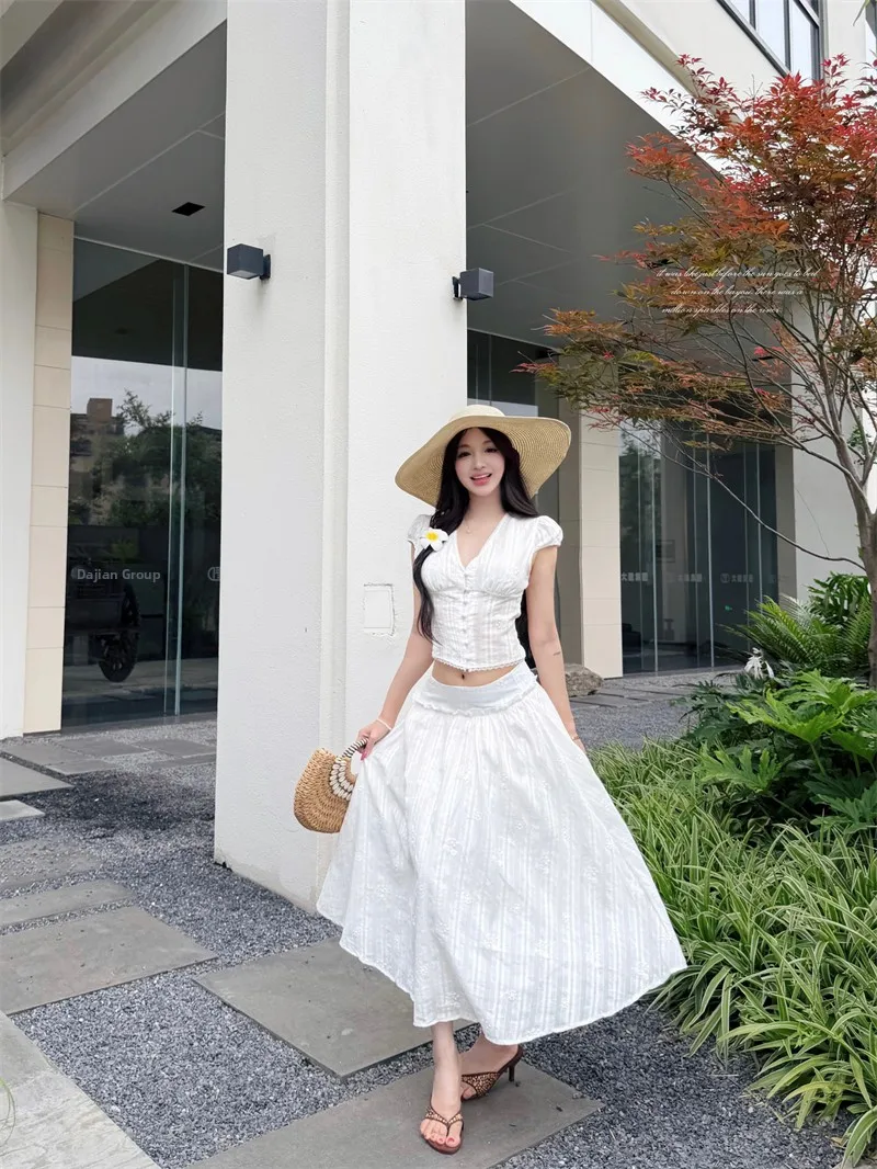 

Elegant Embroidered Hollow out Short Sleeve Shirt And A-Line Skirt Two Piece Set for Women Summer Fashion Outfit
