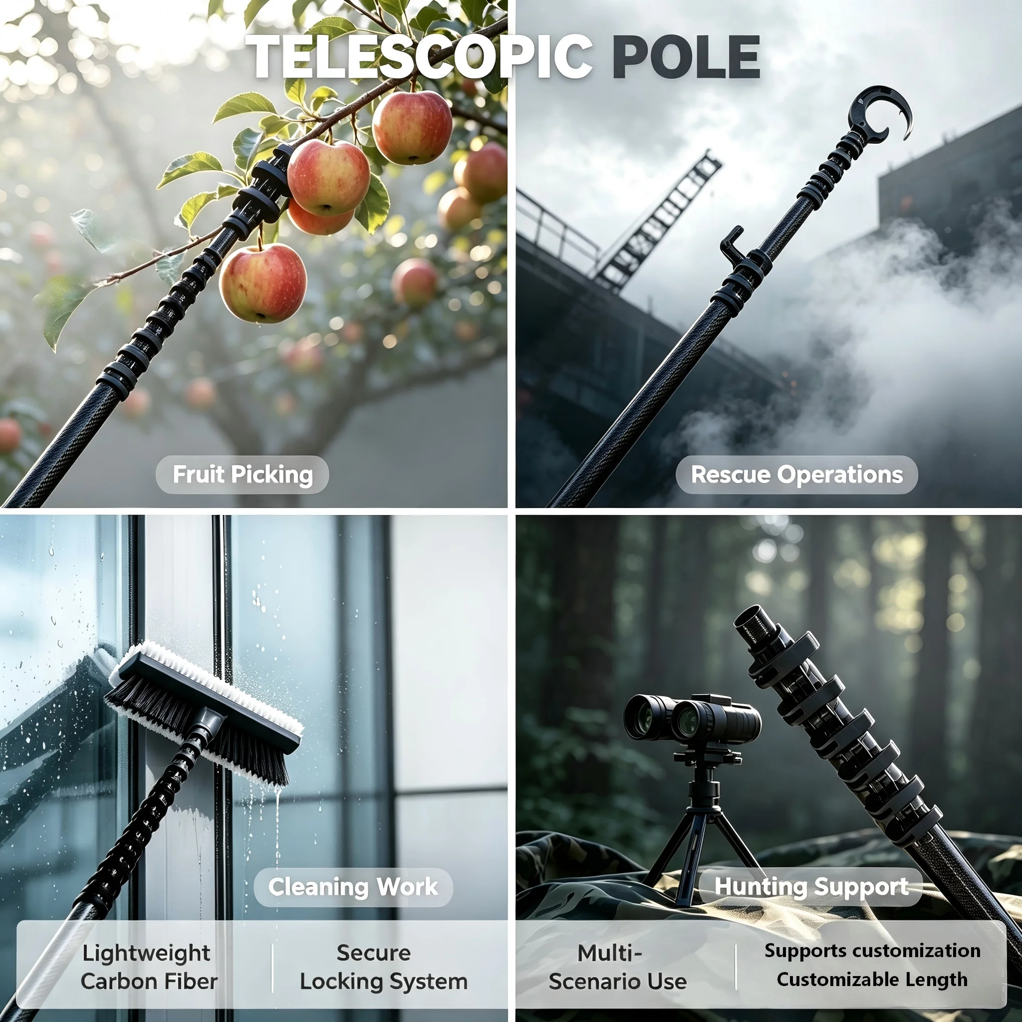 Carbon Fiber Extension Pole 8m-20m Cleaning Hunting Rescue Fruit Picking Pressure Washing High Strength Adjustable Custom