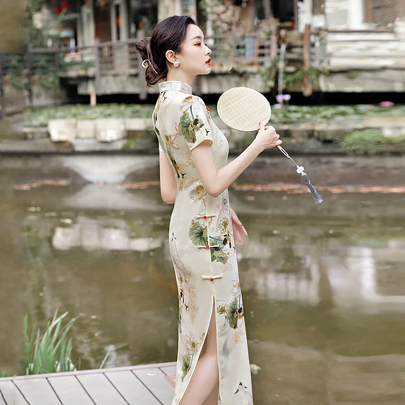 Frühling Sommer Lotus Print Dame Sozialen Etikette Kleid Kurzarm Frauen Qipao Chinesischen Traditionellen Weibliche Cheongsam