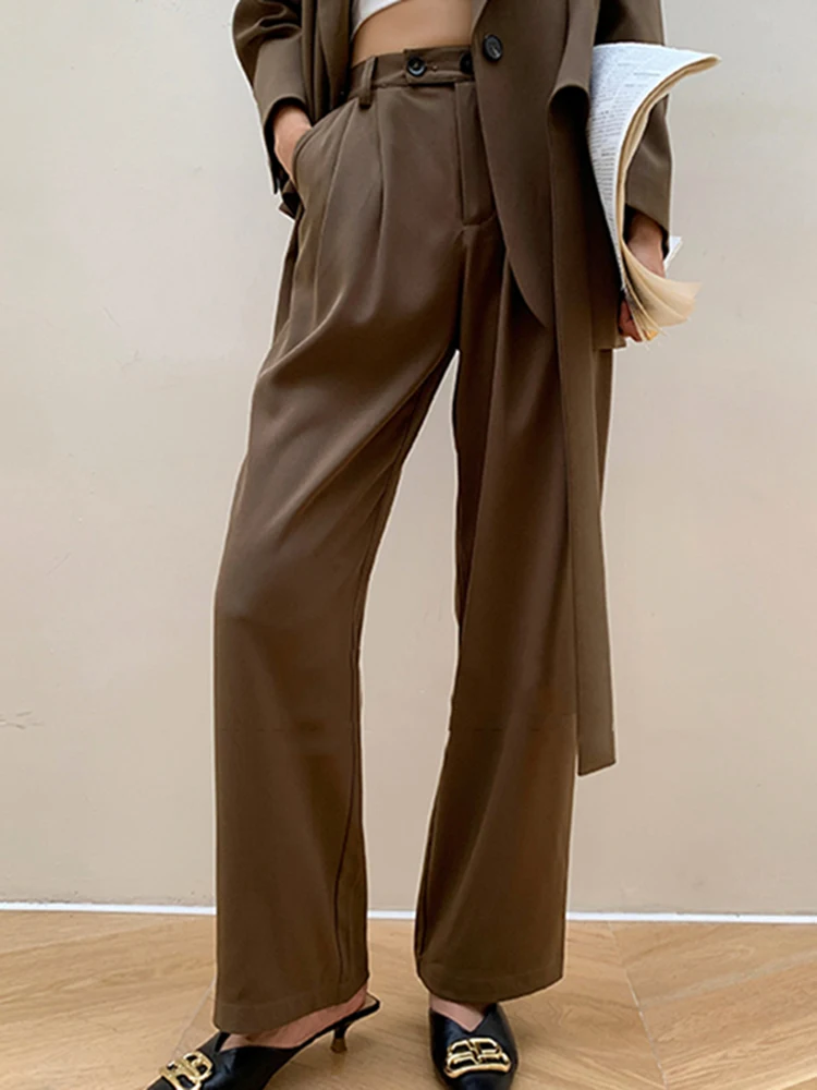 DEAT Fashion Women\'s New Solid Notched Loose Single Button Blazer High Waist Straight Long Pants Female Tide Summer 2024 17A2339