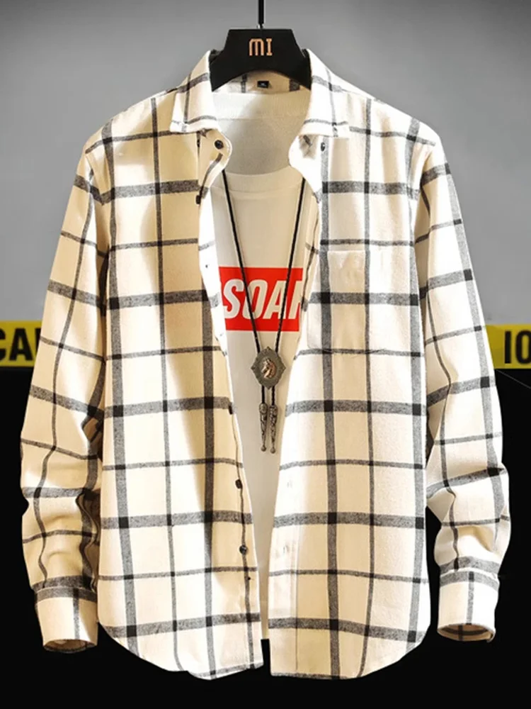 

Preppy Plaid Long Sve irt Men's Spring Autumn Casual Faionable Stand Fit Polyester Cotton Viscose Blend Spring 2025