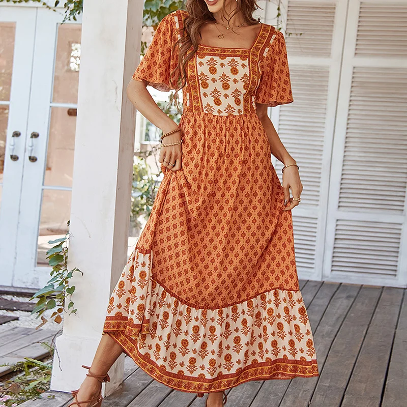 Vintage Boho Floral Damen Sommer Langes Kleid Sexy Quadratischer Kragen Druck Strand Sommerkleid Lässige Urlaub Böhmische Maxikleider