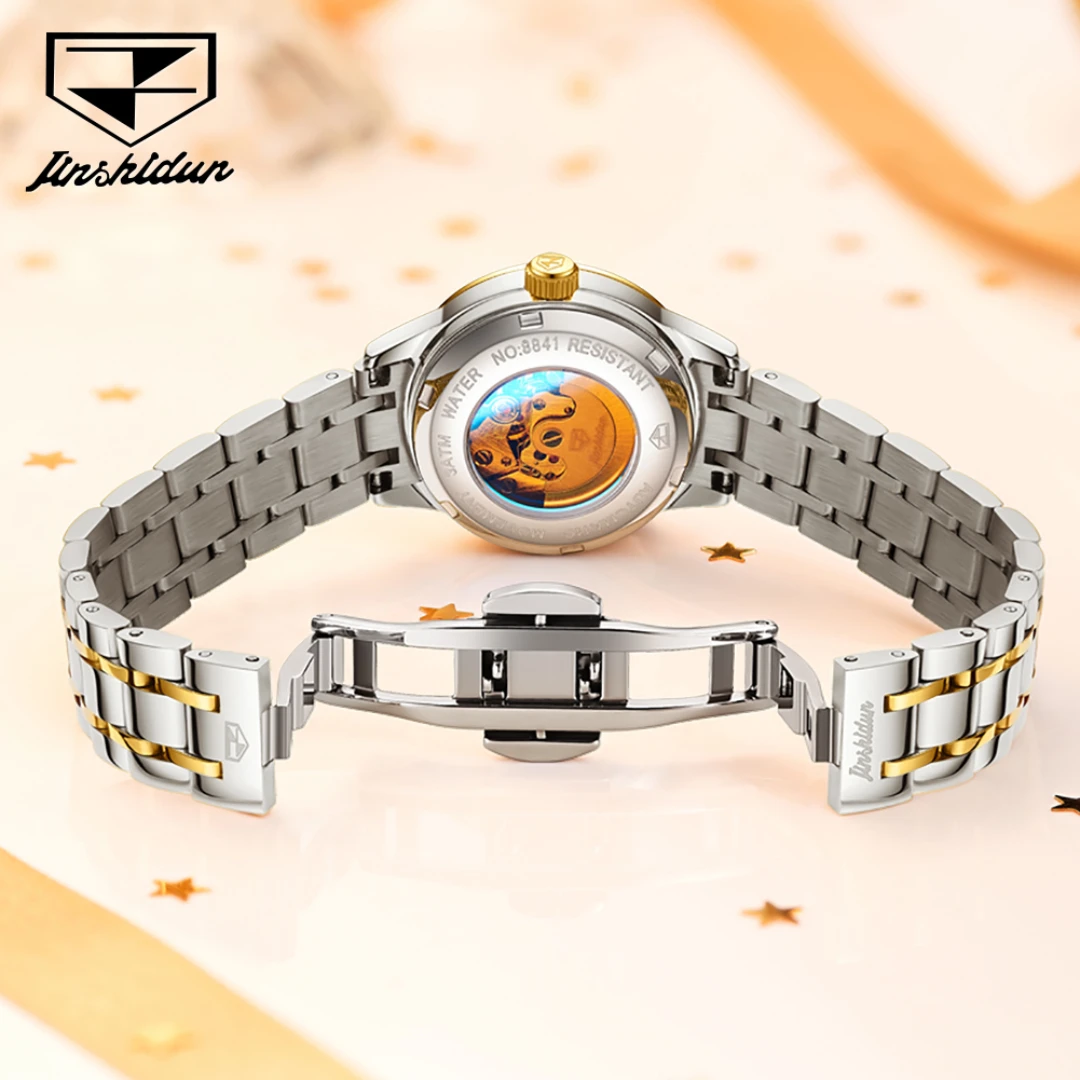 JSDUN 8841 Reloj mecánico de moda regalo esfera redonda correa de reloj de pulsera de acero inoxidable calendario