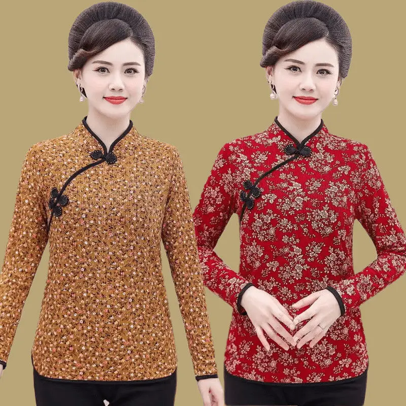 

Qipao Spring and Summer Thin Long-Sleeved Leggings T-Shirt Belly Cover Improved Cheongsam Top Mother Installed Floral Tide