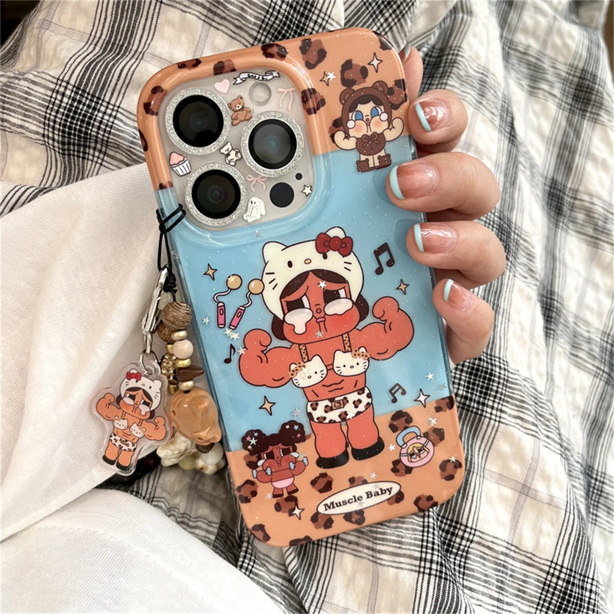 

Funny Cute Cartoon Strong Girl Phone Case For iPhone 16 Pro Max 14 15 Pro Max 17 Back Cover with Chain Strap Lovely Cases