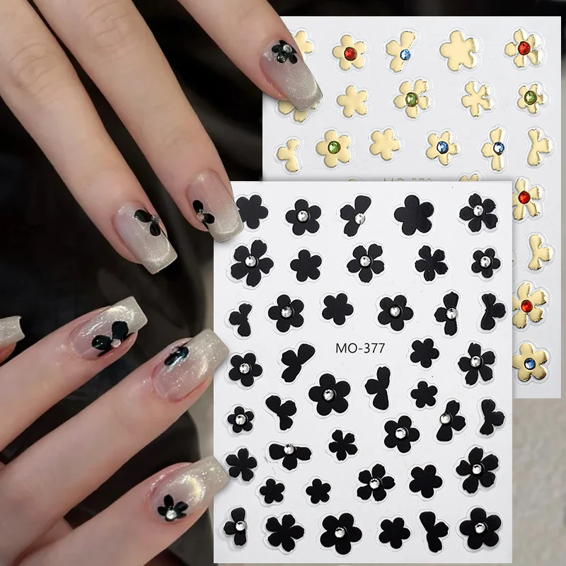 3D Black Flower Sticker Nail Decals Charms Simple Flowers White Nail Art Decoration Manicure Adhesive Gel Sliders Nails Designs