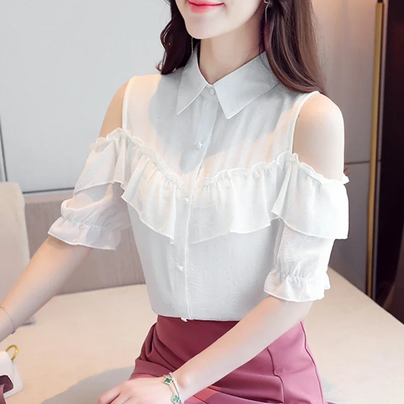 Women Off Shoulder Tops Shirts Summer 2024 Korean Fashion Clothes Casual White Pink Blusas Feminina Ruffles Sexy Chiffon Blouses