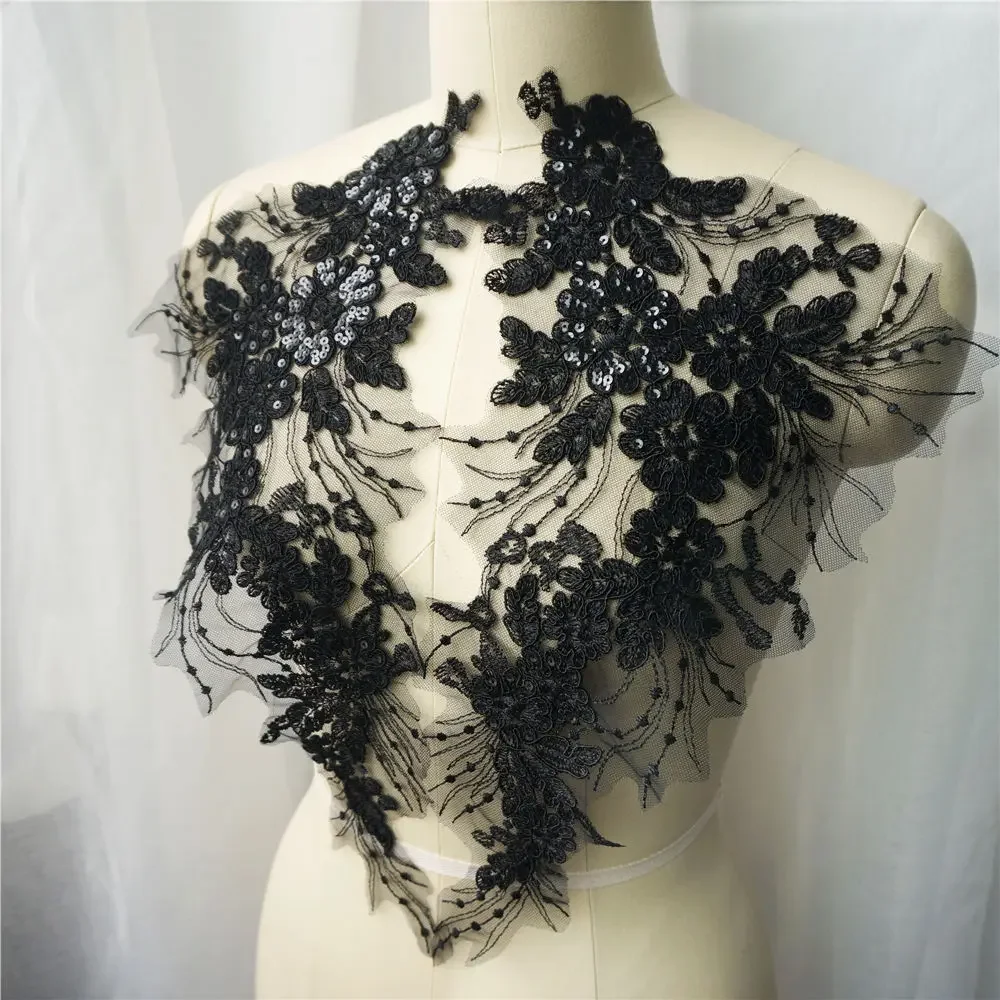 2PCS Black Sequin Flower Tassel Wedding Gown Appliques Lace Fabric Embroidered Trims Collar Mesh Sew Patch For Dress DIY Decor