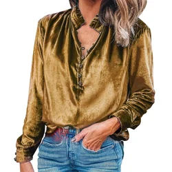 Women's Tops 2023 Women's Spring Summer Sexy V Neck Retro Gold Velvet Long Sleeved Blouse Long Sleeve Compression Shirts Blusa