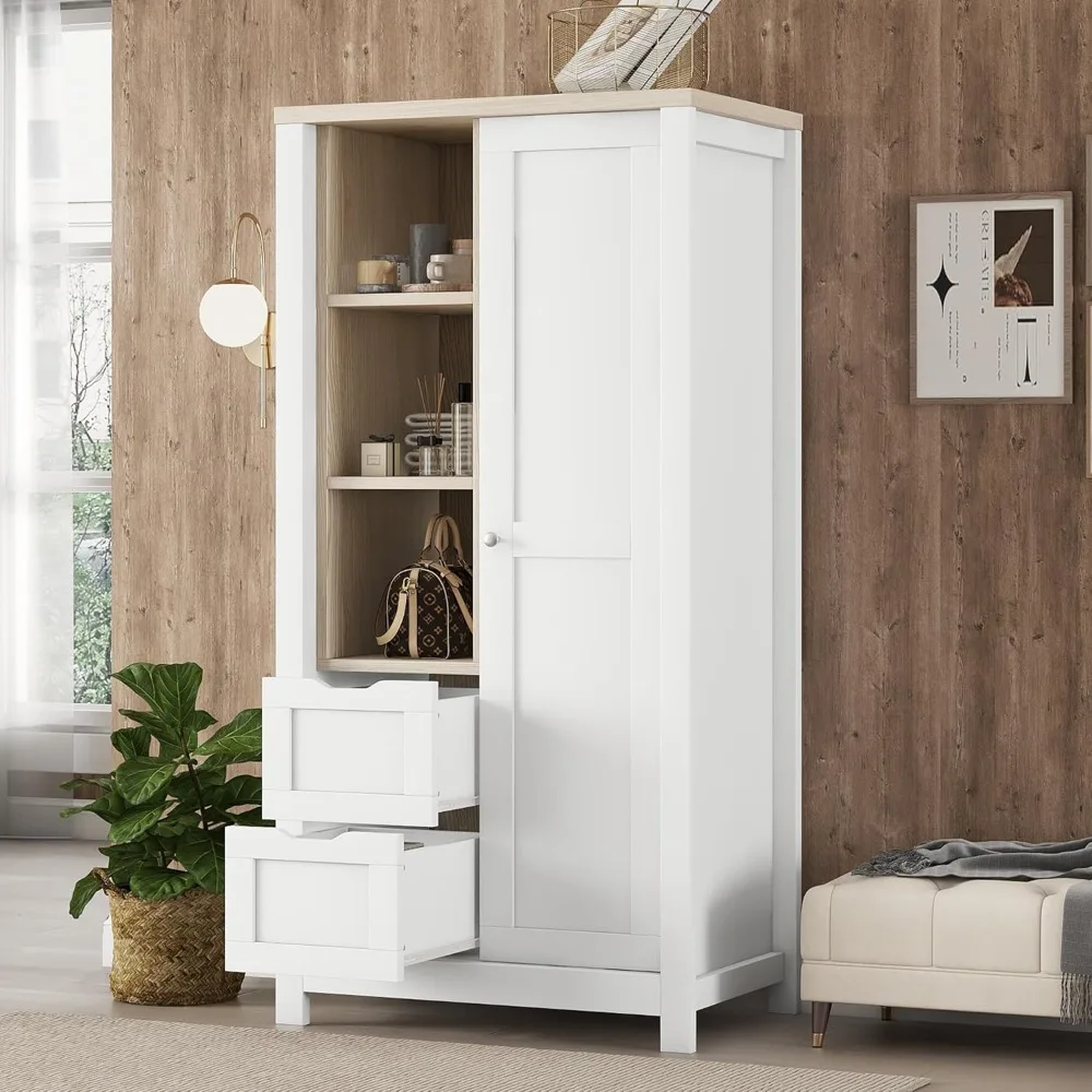 

Wardrobe Closet with Sliding Door, Bedroom Storage Armoire Wardrobe with Hanging Rods and Open Shelves, Freestanding