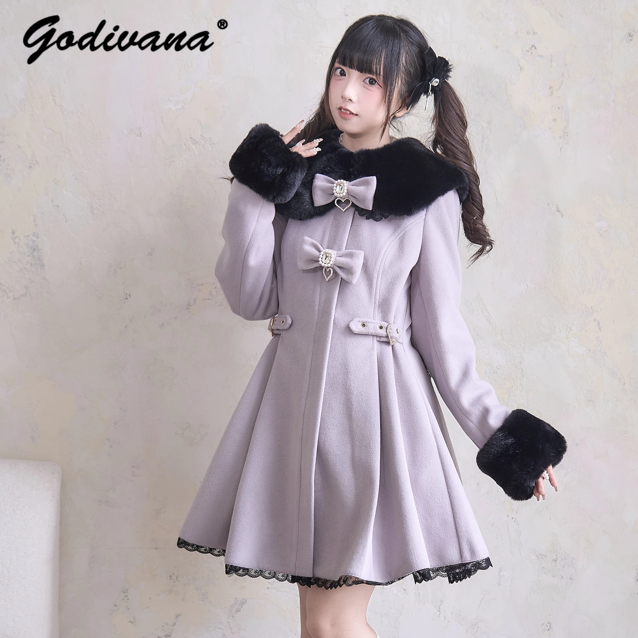 

New Japanese Mine Series Mass Production Lolita Mid-length Wool Coat Cute Bow Women's Slim Winter Single-breasted Woolen Jacket