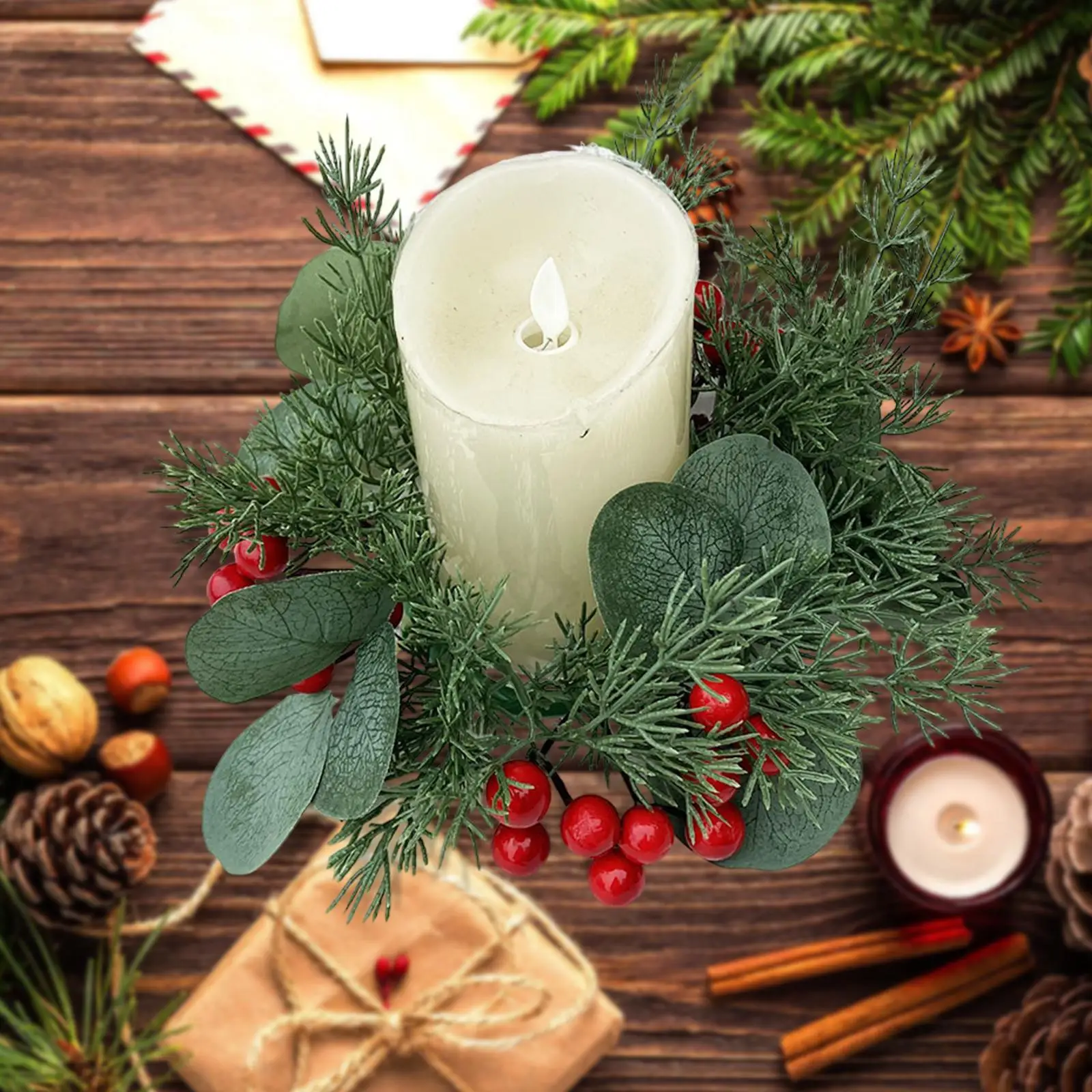 Christmas Candle Ring Christmas Garland Ornament for Xmas Pillars Front Door