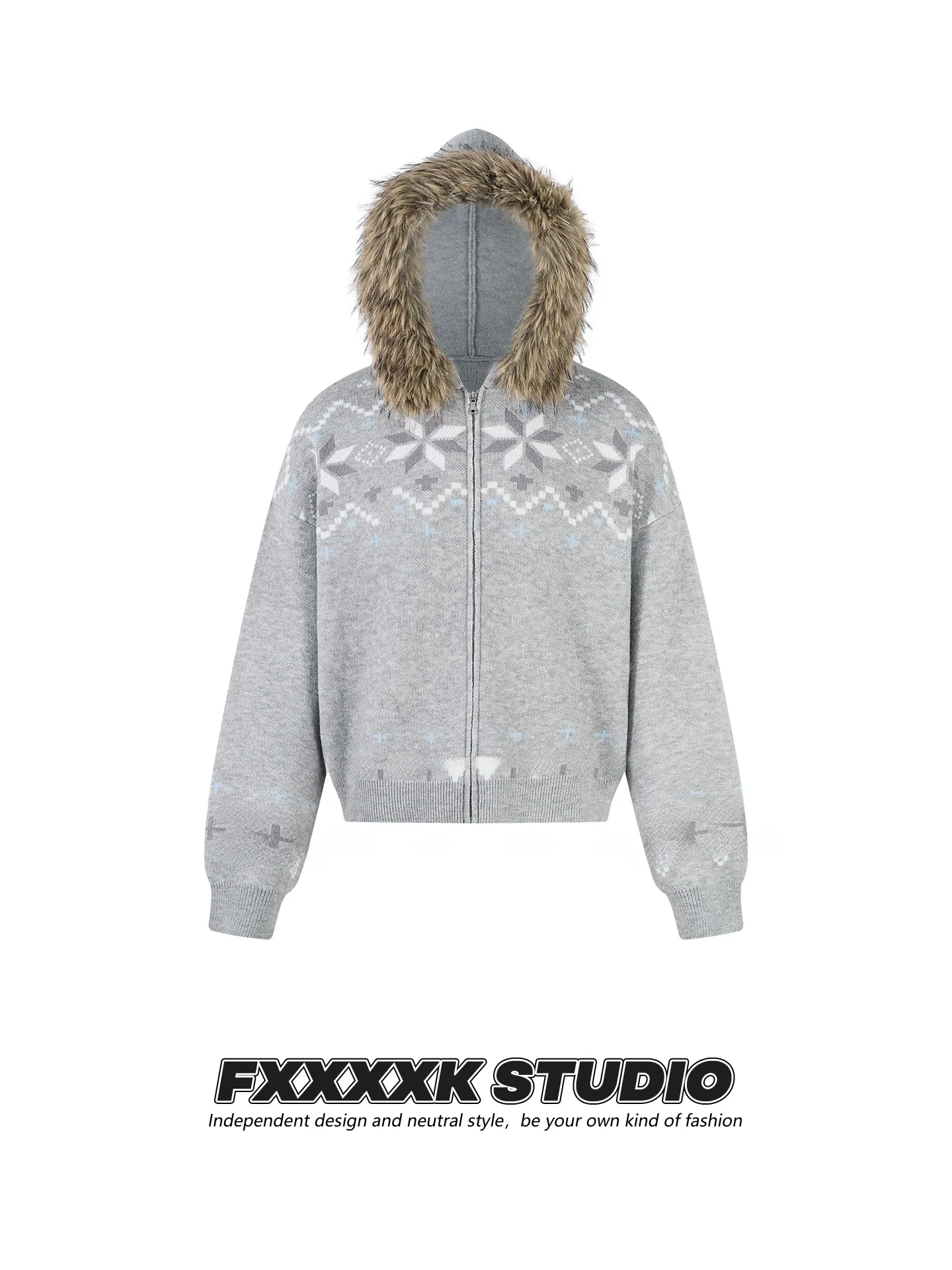 

Original FXK American Retro Fair Isle Knitted Cardigan Coat with Detachable Large Fur Collar And Hat for Women Autumn Winter