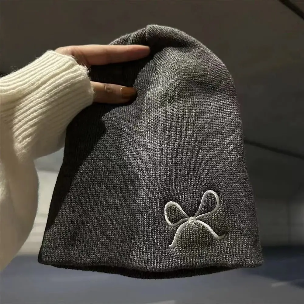 Fashion Warm Embroidery Bow Knitted Hat Wool Bowknot Knit Cap Korean Cute Beanies Winter