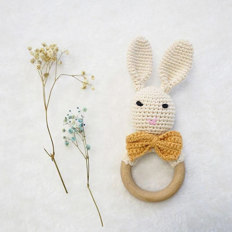 

J15U Wooden Ring Cotton Thread Crochet Rabbit Animal Rattle Hand Handmade BPA Chewing Teething Nursing Soother